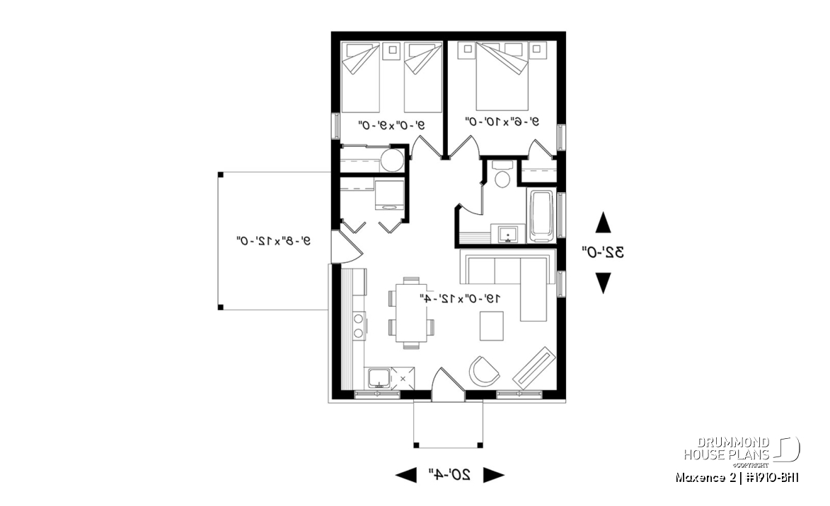 1st level - Small modern rustic 2 bedroom home plans, open kitchen and family room, large side covered deck - Maxence 2