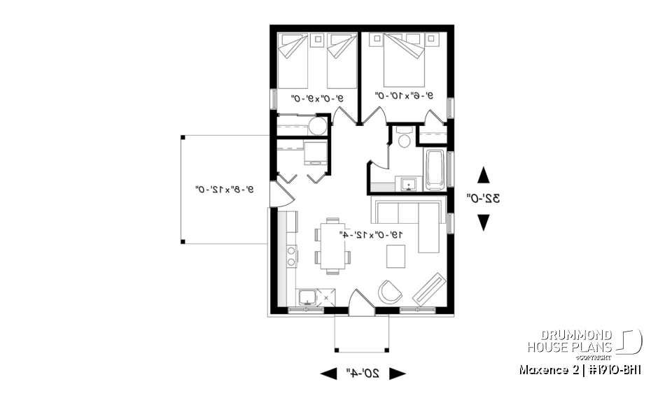 1st level - Small modern rustic 2 bedroom home plans, open kitchen and family room, large side covered deck - Maxence 2