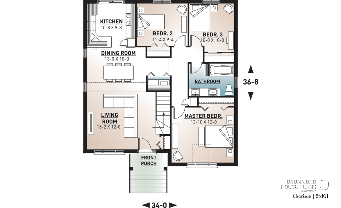 1st level - Cathedral ceiling 3 bedroom Modern house plan, small affordable home, laundry closet on main floor - Charbon