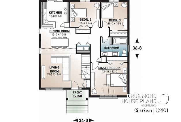 1st level - Cathedral ceiling 3 bedroom Modern house plan, small affordable home, laundry closet on main floor - Charbon