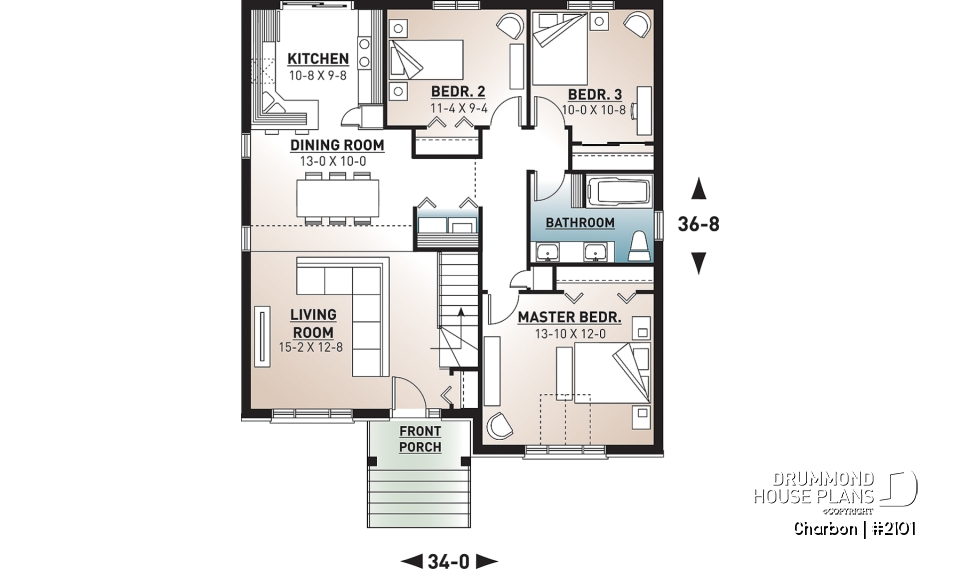 1st level - Cathedral ceiling 3 bedroom Modern house plan, small affordable home, laundry closet on main floor - Charbon