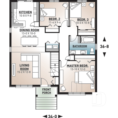 1st level - Cathedral ceiling 3 bedroom Modern house plan, small affordable home, laundry closet on main floor - Charbon