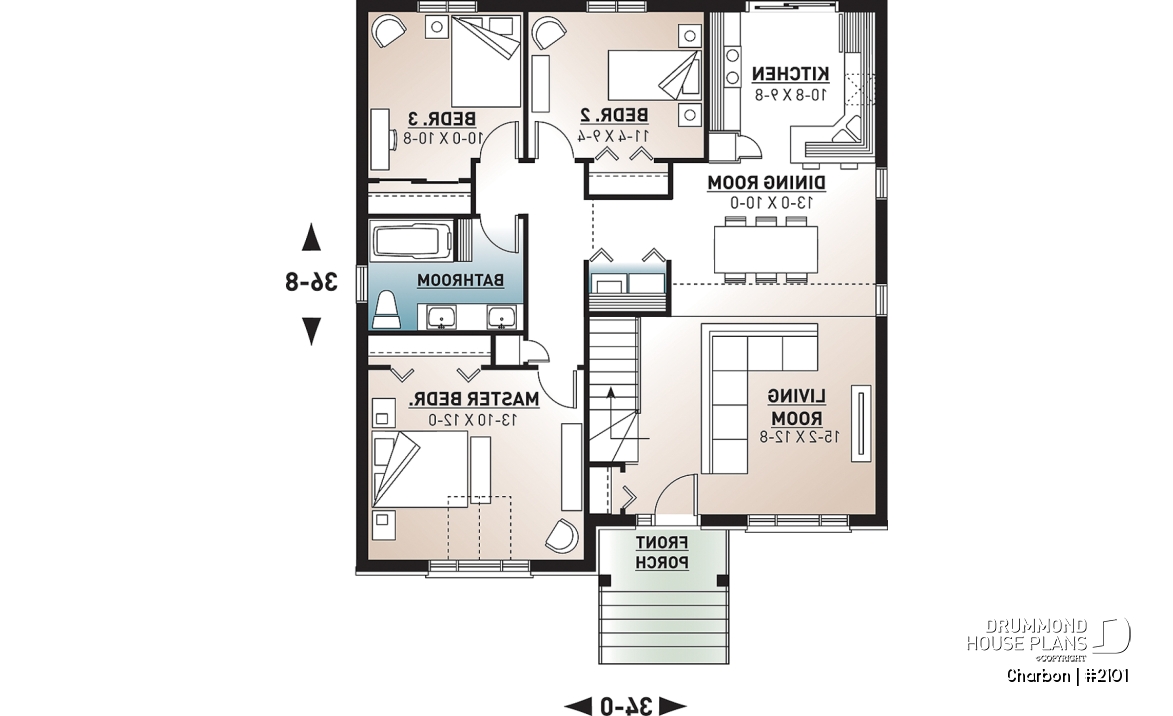 1st level - Cathedral ceiling 3 bedroom Modern house plan, small affordable home, laundry closet on main floor - Charbon