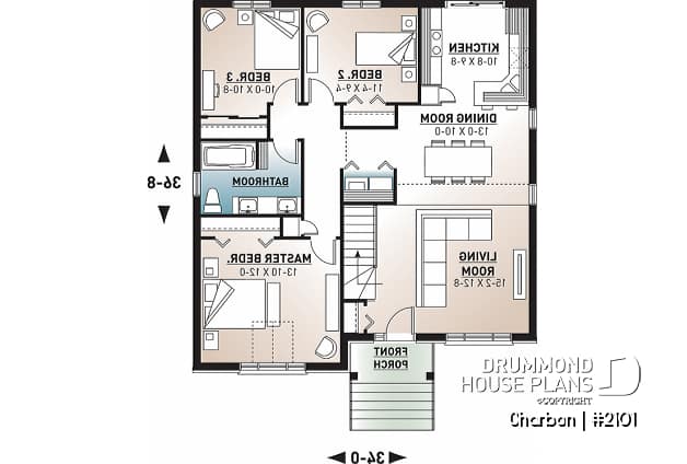 1st level - Cathedral ceiling 3 bedroom Modern house plan, small affordable home, laundry closet on main floor - Charbon