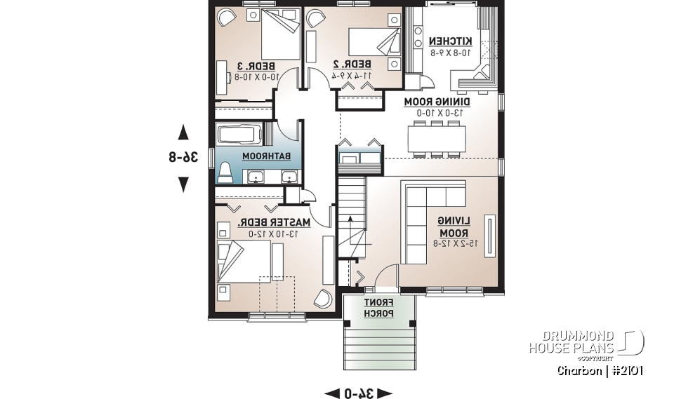 1st level - Cathedral ceiling 3 bedroom Modern house plan, small affordable home, laundry closet on main floor - Charbon