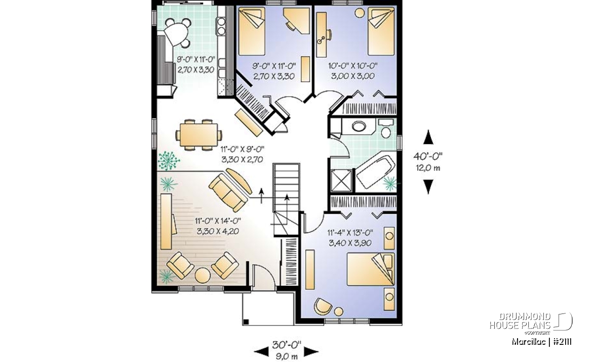 1st level - 3 bedroom european style house plan, budget friendly construction, sunken living room - Marcillac