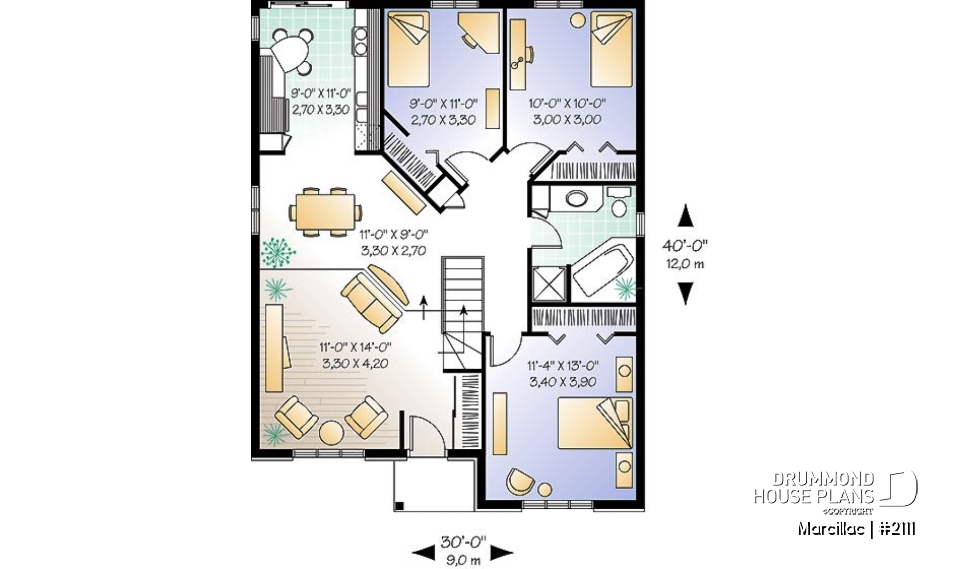 1st level - 3 bedroom european style house plan, budget friendly construction, sunken living room - Marcillac