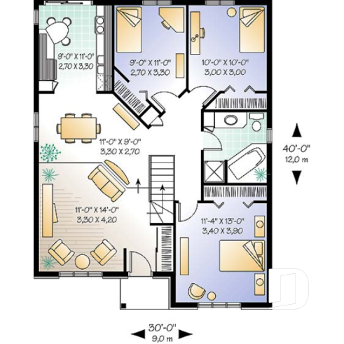 1st level - 3 bedroom european style house plan, budget friendly construction, sunken living room - Marcillac
