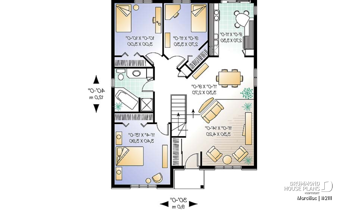 1st level - 3 bedroom european style house plan, budget friendly construction, sunken living room - Marcillac