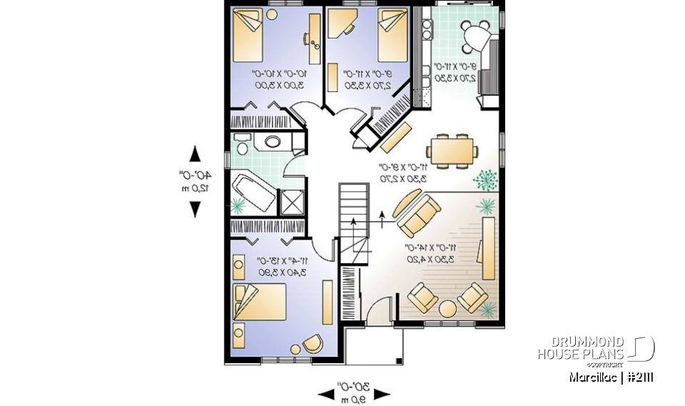 1st level - 3 bedroom european style house plan, budget friendly construction, sunken living room - Marcillac