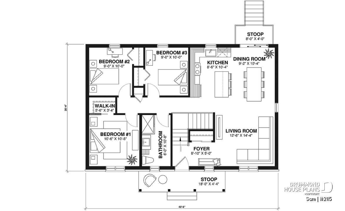 1st level - 3 bedroom ranch style home design with great open concept, covered front porch, budget-friendly - Sam