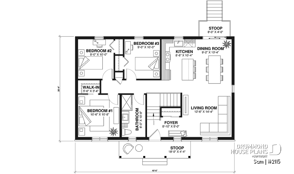 1st level - 3 bedroom ranch style home design with great open concept, covered front porch, budget-friendly - Sam