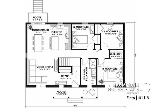 1st level - 3 bedroom ranch style house plan with large living room, covered front porch, budget-friendly - Sam