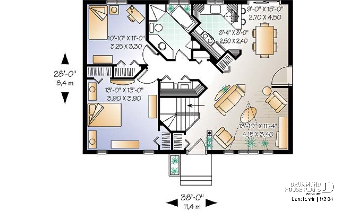 1st level - Affordable starter house plan with 2 bedrooms, modern ranch house plan - Constantin