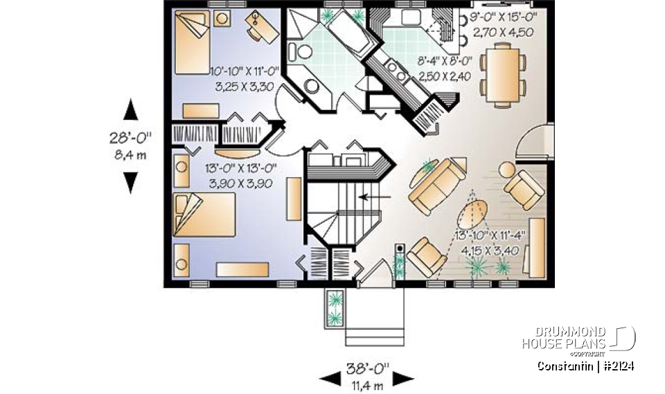1st level - Affordable starter house plan with 2 bedrooms, modern ranch house plan - Constantin