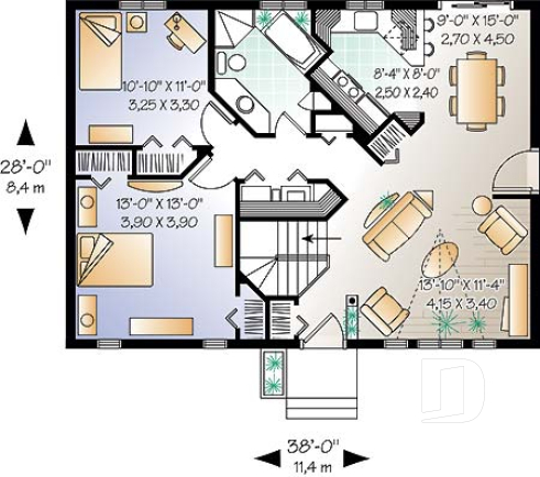 1st level - Affordable starter house plan with 2 bedrooms, modern ranch house plan - Constantin