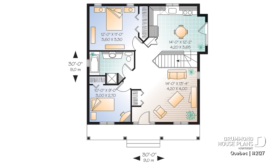 1st level - Charming small country house plan with 2 bedrooms, covered front porch, unfinished daylight basement - Quebec