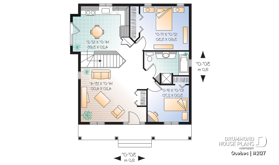 1st level - Charming small country house plan with 2 bedrooms, covered front porch, unfinished daylight basement - Quebec