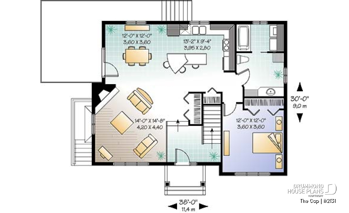 1st level - 1 to 3 bedroom split-level house plan, master bedroom on main floor, finished daylight basement with 3 beds - The Cap