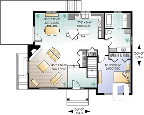 1st level - 1 to 3 bedroom split-level house plan, master bedroom on main floor, finished daylight basement with 3 beds - The Cap