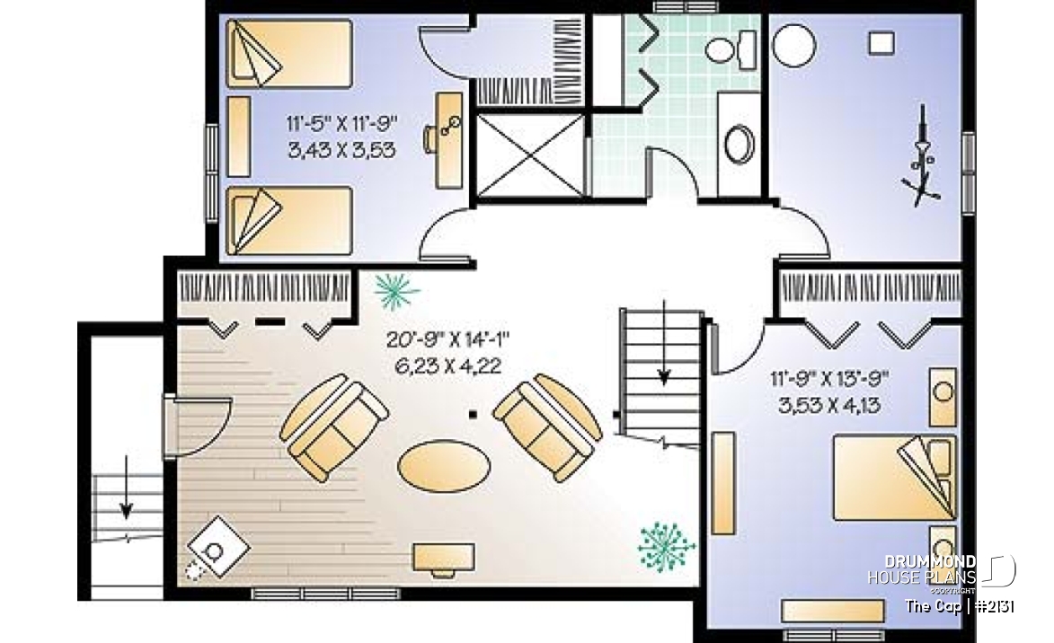 Basement - 1 to 3 bedroom split-level house plan, master bedroom on main floor, finished daylight basement with 3 beds - The Cap