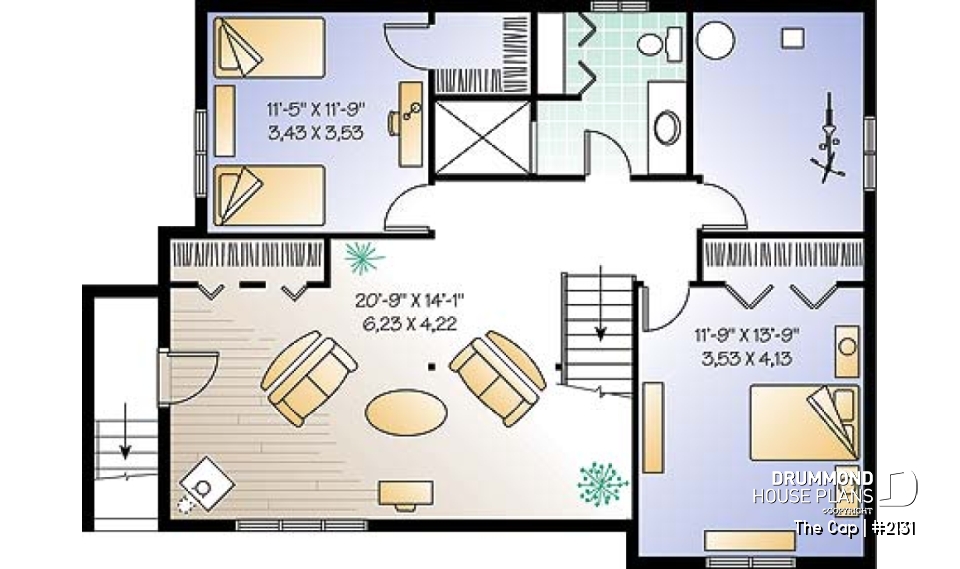 Basement - 1 to 3 bedroom split-level house plan, master bedroom on main floor, finished daylight basement with 3 beds - The Cap