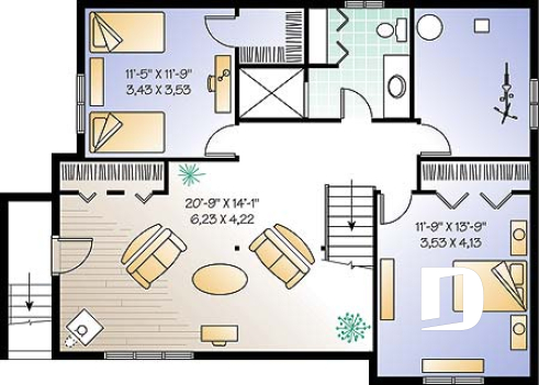 Basement - 1 to 3 bedroom split-level house plan, master bedroom on main floor, finished daylight basement with 3 beds - The Cap