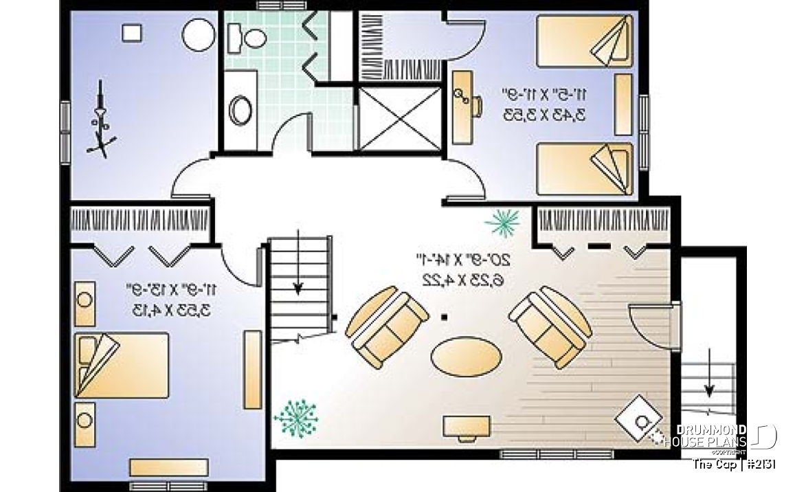 Basement - 1 to 3 bedroom split-level house plan, master bedroom on main floor, finished daylight basement with 3 beds - The Cap