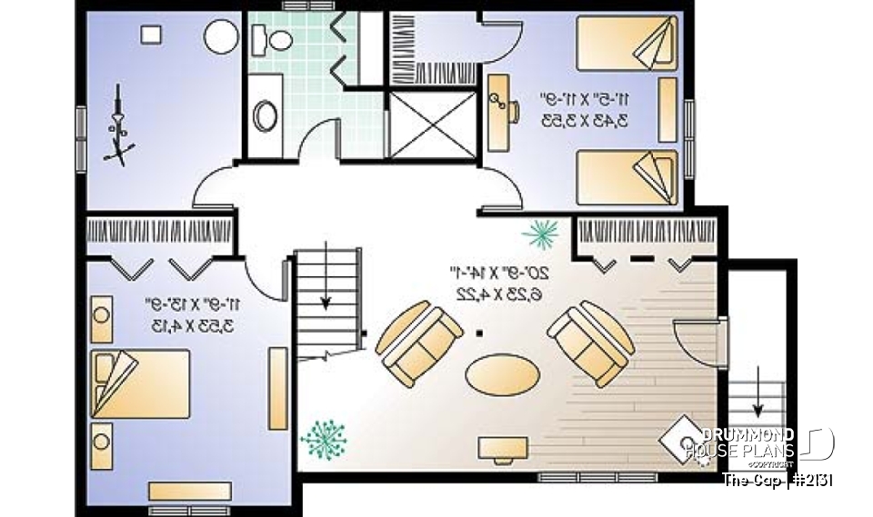 Basement - 1 to 3 bedroom split-level house plan, master bedroom on main floor, finished daylight basement with 3 beds - The Cap