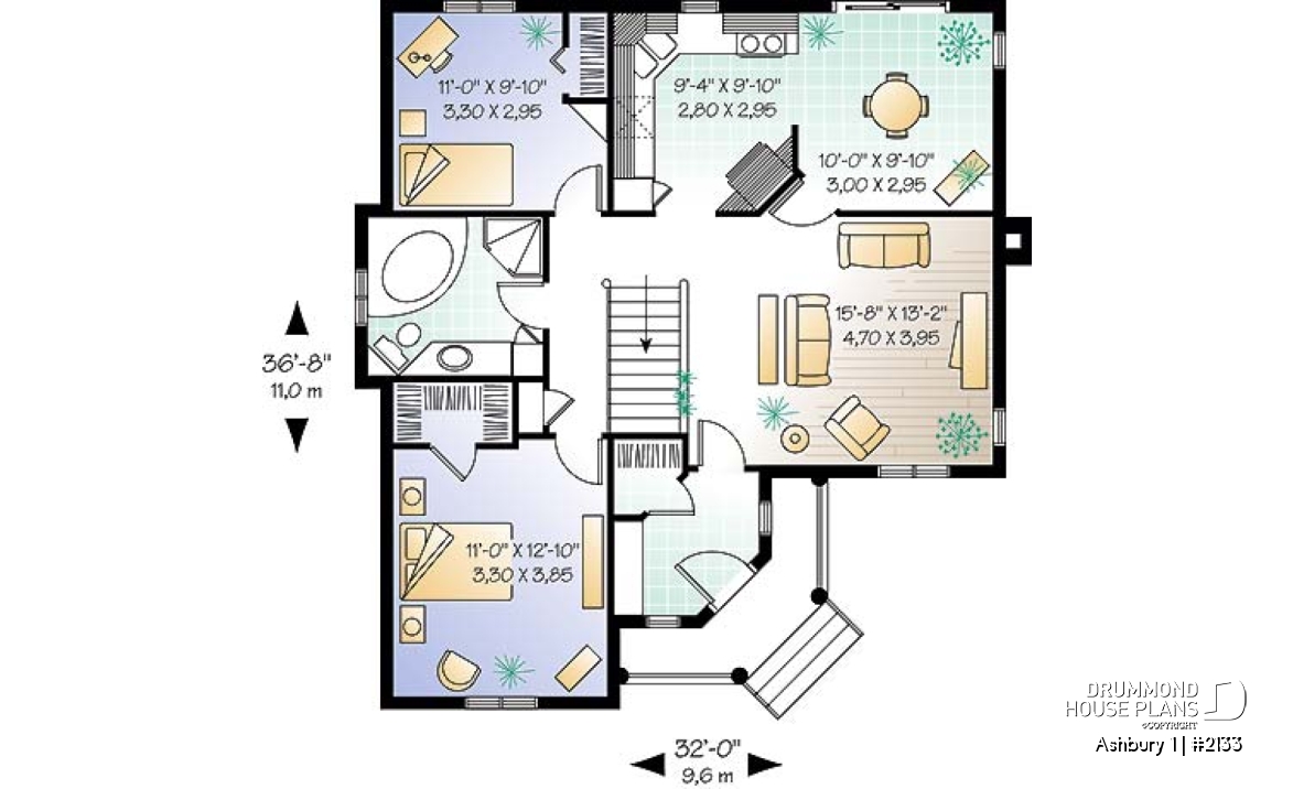 1st level - Charming country one-storey house plan with 2 bedroom, good size kitchen - Ashbury 1