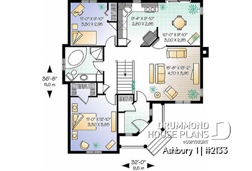 1st level - Charming country one-storey house plan with 2 bedroom, good size kitchen - Ashbury 1
