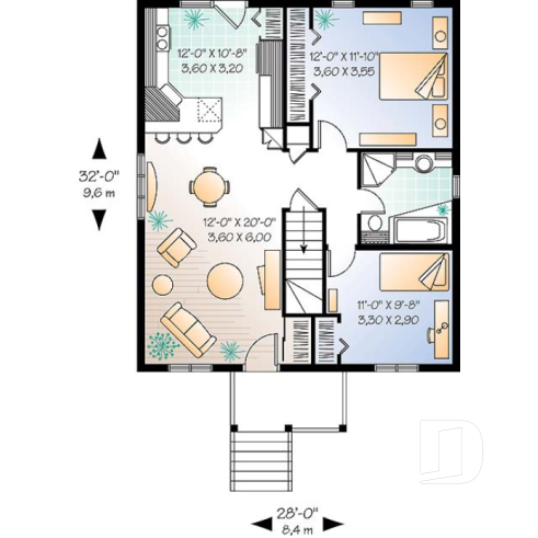 1st level - Affordable one-storey home plan with 2 bedrooms, daylight basement, great kitchen - Bedford
