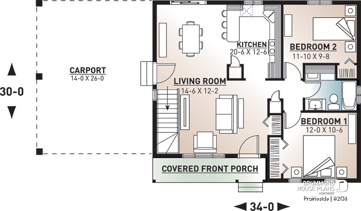 1st level - Cost efficient one-story house plan, 2 bedrooms, carport, open floor concept, pantry, laundry closet - Prairieside