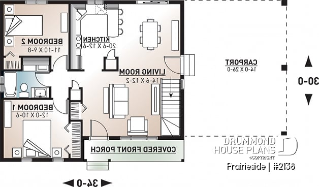 1st level - Cost efficient one-story house plan, 2 bedrooms, carport, open floor concept, pantry, laundry closet - Prairieside