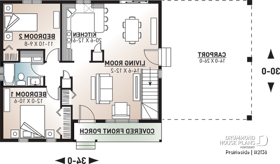 1st level - Cost efficient one-story house plan, 2 bedrooms, carport, open floor concept, pantry, laundry closet - Prairieside
