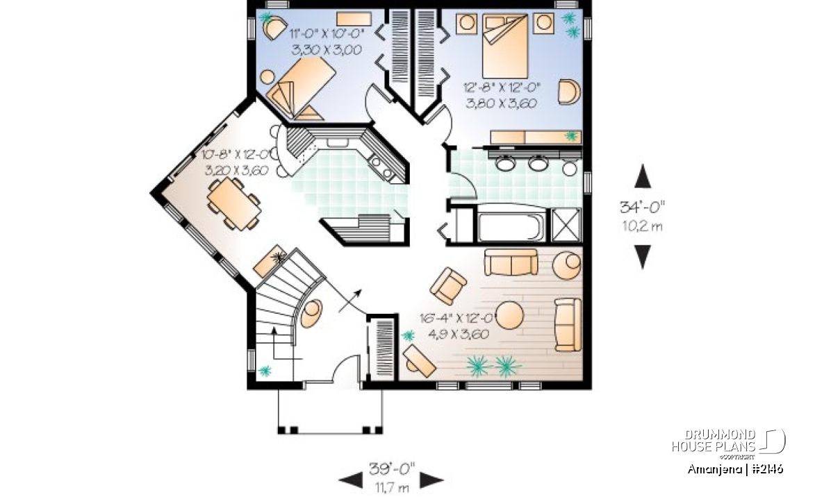 1st level - One-storey house plan, cathedral ceiling, 2 bedrooms - Amanjena