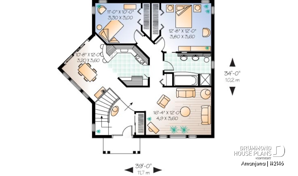 1st level - One-storey house plan, cathedral ceiling, 2 bedrooms - Amanjena