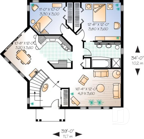 1st level - One-storey house plan, cathedral ceiling, 2 bedrooms - Amanjena