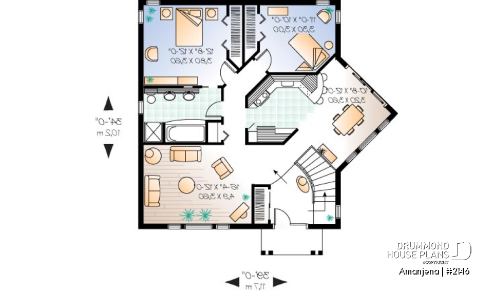 1st level - One-storey house plan, cathedral ceiling, 2 bedrooms - Amanjena