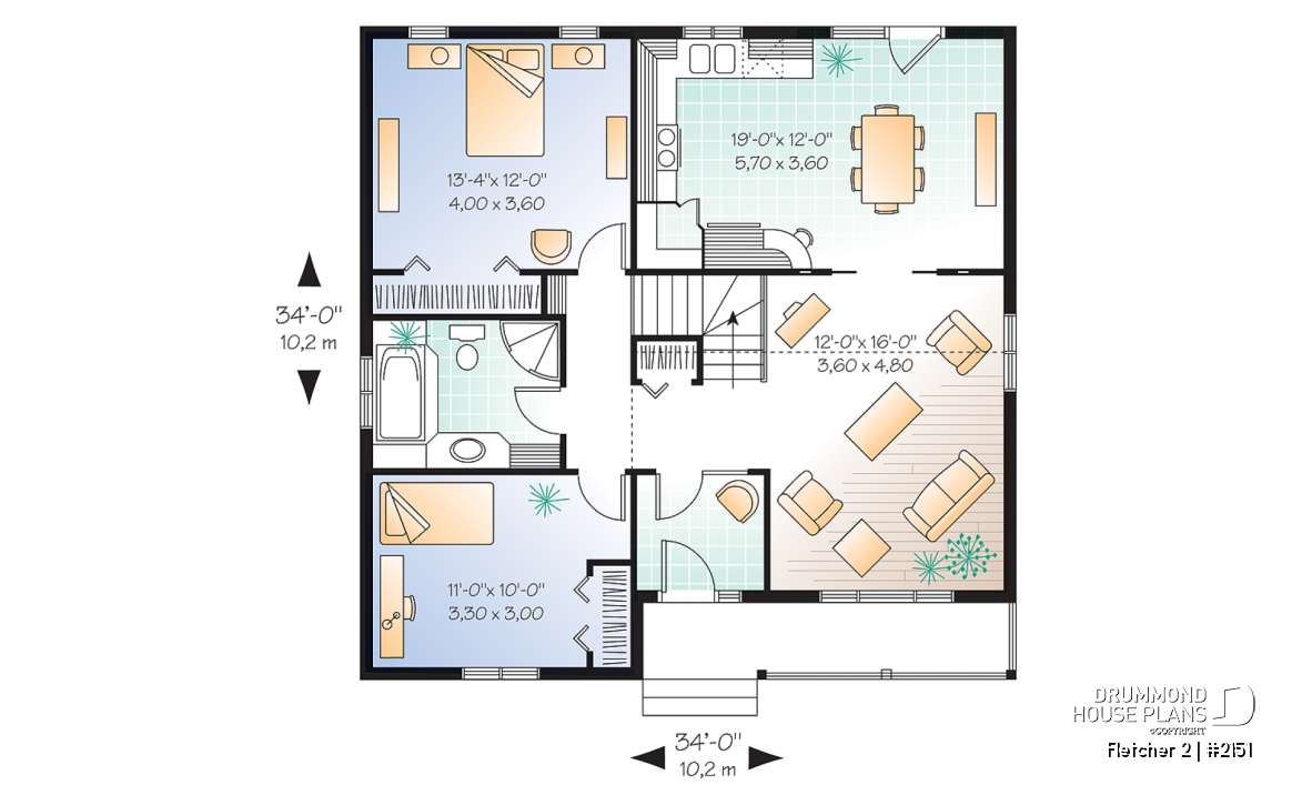 1st level - Economical country style bungalow house plan, 2 bedrooms, cathedral ceiling, pantry &amp; planning desk in kitchen - Fletcher 2