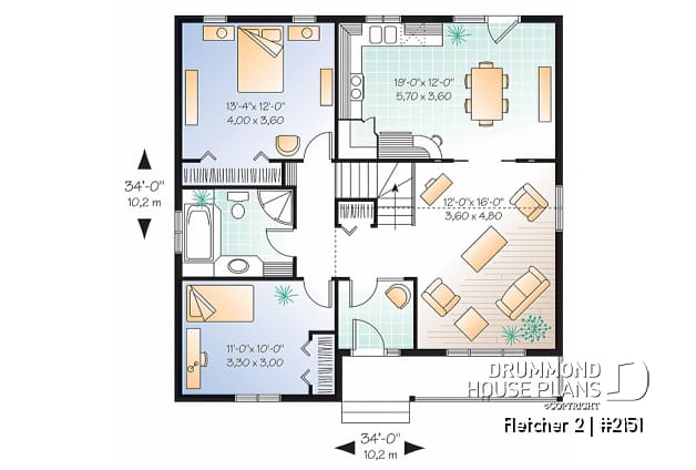 1st level - Economical country style bungalow house plan, 2 bedrooms, cathedral ceiling, pantry & planning desk in kitchen - Fletcher 2