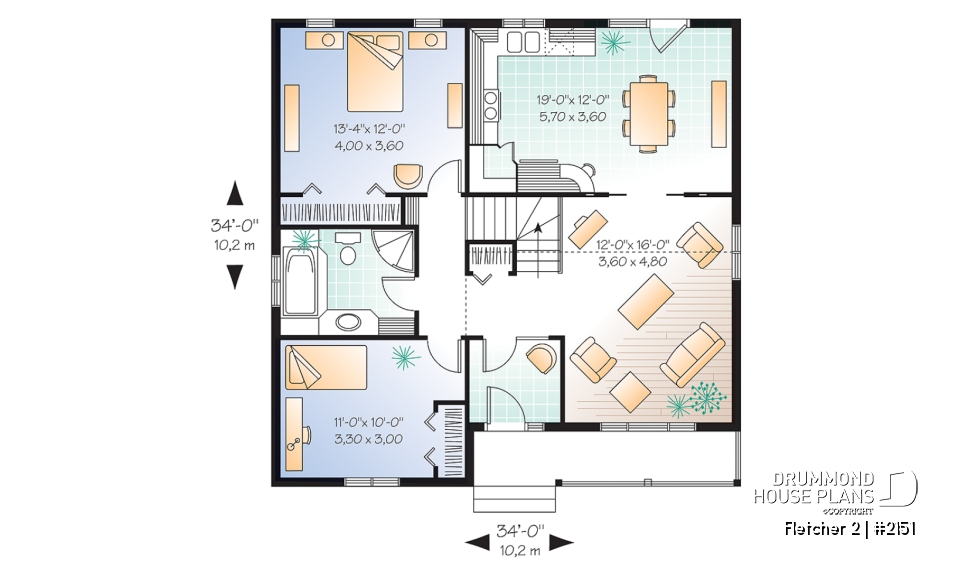 1st level - Economical country style bungalow house plan, 2 bedrooms, cathedral ceiling, pantry &amp; planning desk in kitchen - Fletcher 2