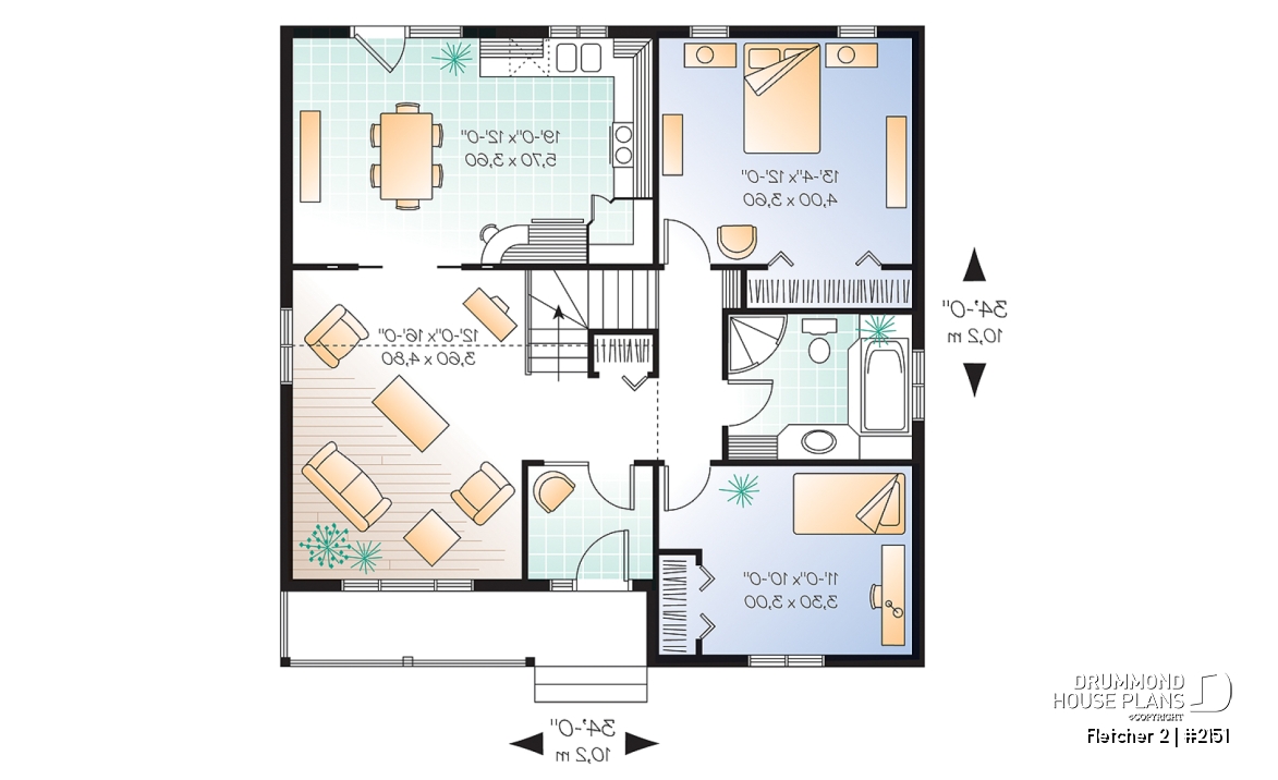 1st level - Economical country style bungalow house plan, 2 bedrooms, cathedral ceiling, pantry &amp; planning desk in kitchen - Fletcher 2