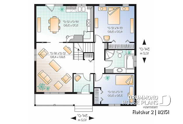 1st level - Economical country style bungalow house plan, 2 bedrooms, cathedral ceiling, pantry & planning desk in kitchen - Fletcher 2