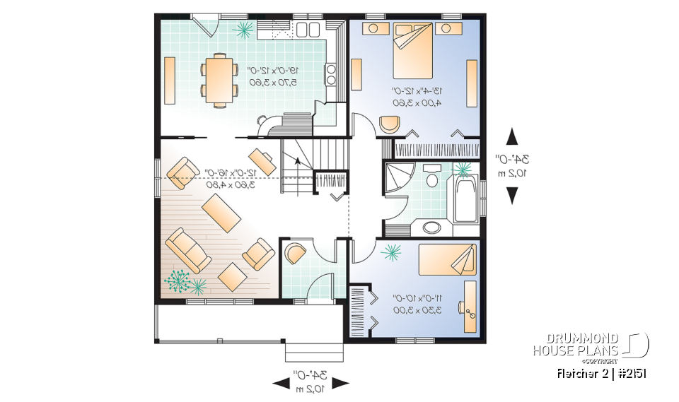 1st level - Economical country style bungalow house plan, 2 bedrooms, cathedral ceiling, pantry &amp; planning desk in kitchen - Fletcher 2