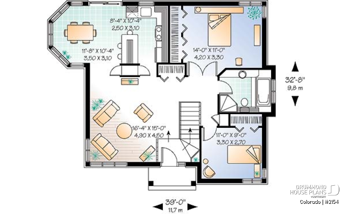 1st level - One-storey 2 bedroom ranch style home plan with lots of natural lights and low building costs - Colorado