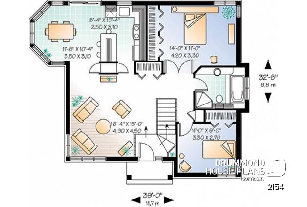 1st level - One-storey 2 bedroom ranch style home plan with lots of natural lights and low building costs - Colorado