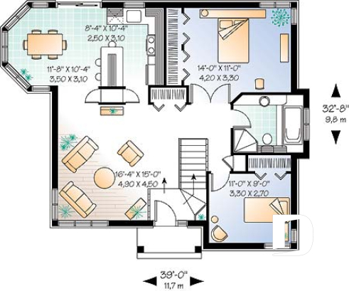 1st level - One-storey 2 bedroom ranch style home plan with lots of natural lights and low building costs - Colorado