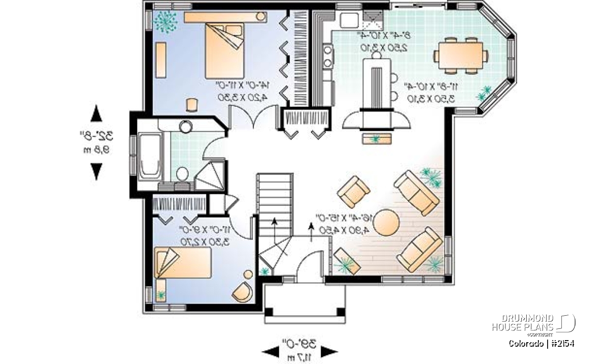 1st level - One-storey 2 bedroom ranch style home plan with lots of natural lights and low building costs - Colorado