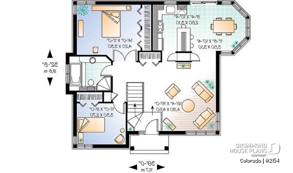 1st level - One-storey 2 bedroom ranch style home plan with lots of natural lights and low building costs - Colorado